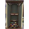 Image 1 : LARGE 10 SLOT BILLIARD WALL RACK W/ 4 BALL SHELVES "SCORE KEEPER. C/W BALLS. 60" X 37.5"