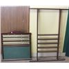 Image 1 : 2 PC BILLIARD WALL RACK; CHALK SCORE BOARD & 6 SLOT CUE, 5 SHELF ACCESSORY RACK- DARK BROWN WOOD FIN