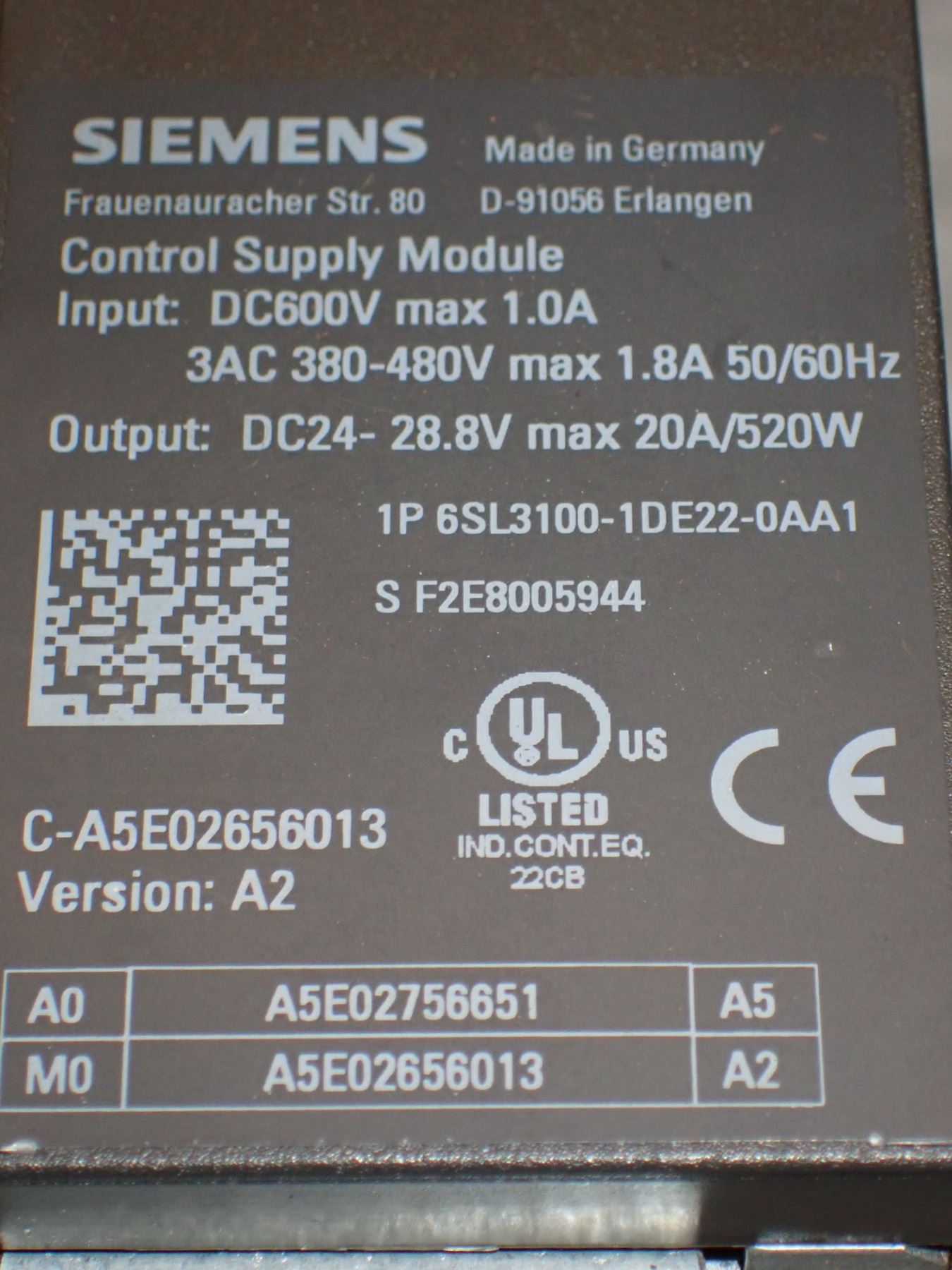 Control Supply Module (2) Siemens # 1P 6SL3100-1DE22-0AA1 Control Supply Module