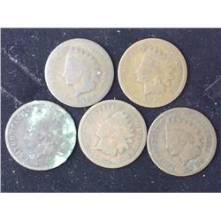 5 Assorted 1880's Indian Head Cents