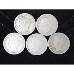 5 Assorted Liberty "V" Nickels