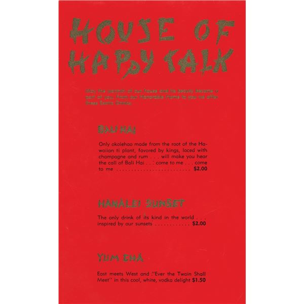 DORIAN'S, WHITTIER, CA - HOUSE OF HAPPY TALK DRINK TABLE TENT.