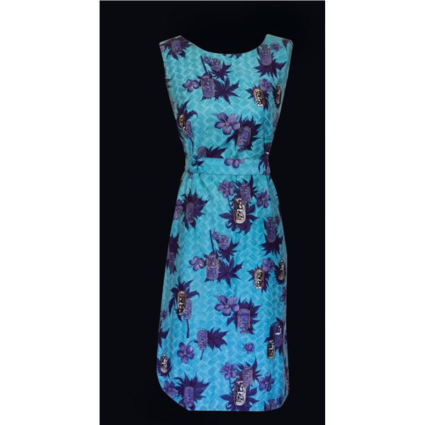 MOD TROPICAL FLOWER & HAWAIIAN TIKI MOTIF LANAI DRESS with TIE BELT.