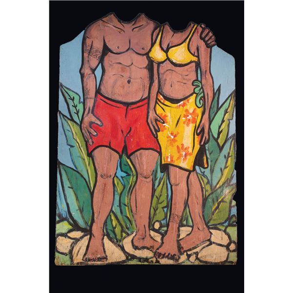 LARGE HAWAIIAN LUAU COUPLE TIKI PHOTO-OP FLAT LUAU DECOR PANEL.