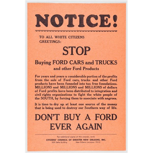 RACIST ANTI-FORD MOTORS HANDBILL