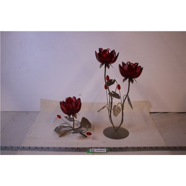 (2)Glass Rose Candle Holders