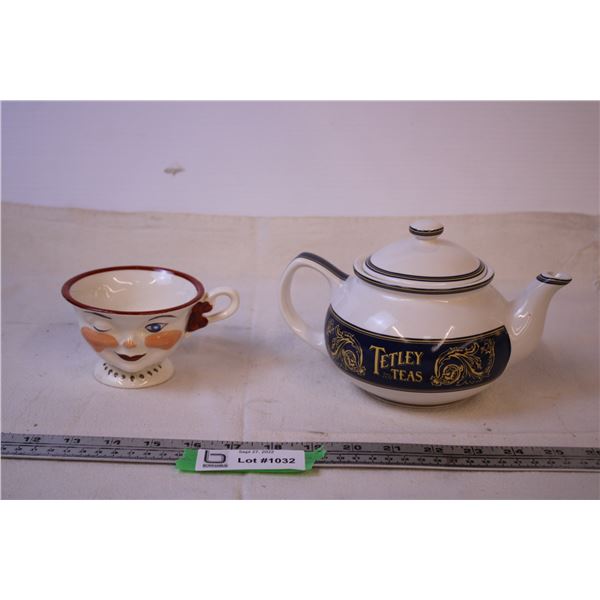 Tetley Tea Branded Tea Pot and Winking Face Tea Cup (Made in Staffordshire England)