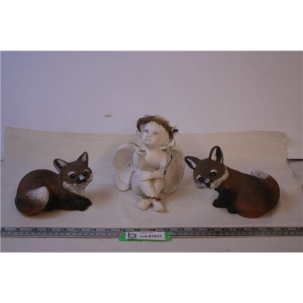 Pair of Plastic Fox Lawn Ornaments and Angel Decoration