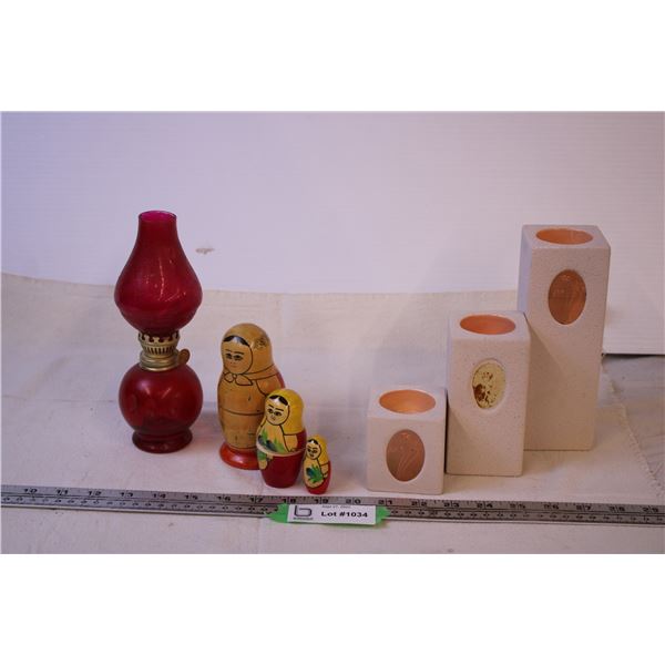 Small Lamp, Russian Nesting Dolls, and Trio of Candle Holders