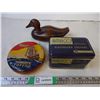 Image 1 : (2) Vintage tins and wooden duck ornament