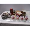 Image 1 : (4) Termocrisa Milk Glass Tulip Mugs, teapot, misc tins
