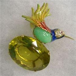 14K GOLD 40 CTS CITRINE 4 CTS JADE .50 CTS RUBY ENAMEL BIRD BROOCH 60x43 MM