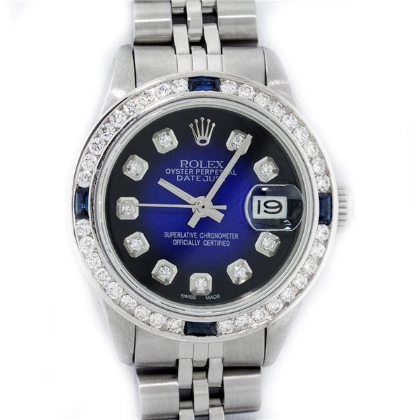 Rolex Ladies Stainless Steel Blue Vignette Diamond & Sapphire Datejust Wristwatc