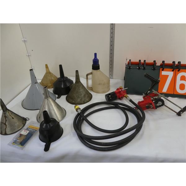 assorted funnels and Propane Hose