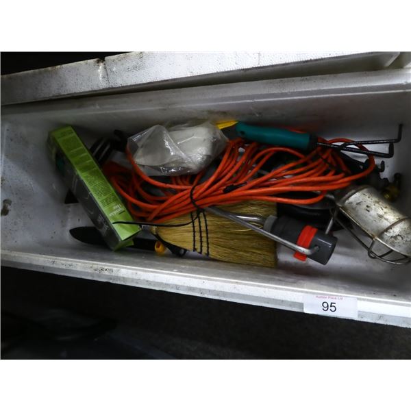 styrofoam box, trouble light, whisk brush,