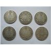 Image 1 : LOT OF 6 DIFFERENT DATES - SILVER CANADIAN QUARTERS (1918, 1919, 1920, 1928, 1929, 1930)