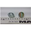 Image 1 : Marbles, latticinio core 1” good condition, and odd football shaped marble clear, white streaks