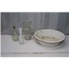 Image 1 : Large Enamel Bowl, 2 Vases, Liquor Decanter