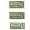 Image 1 : Set of 3, 1954 1 Dollar Canadian Bills - Prefixes N/F - W/F - B/I