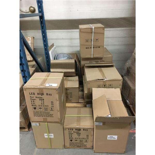 PALLET OF NEW ASSORTED WATT LED LIGHT BULBS (60/150/200) AND LIGHTING RELATED PRODUCTS