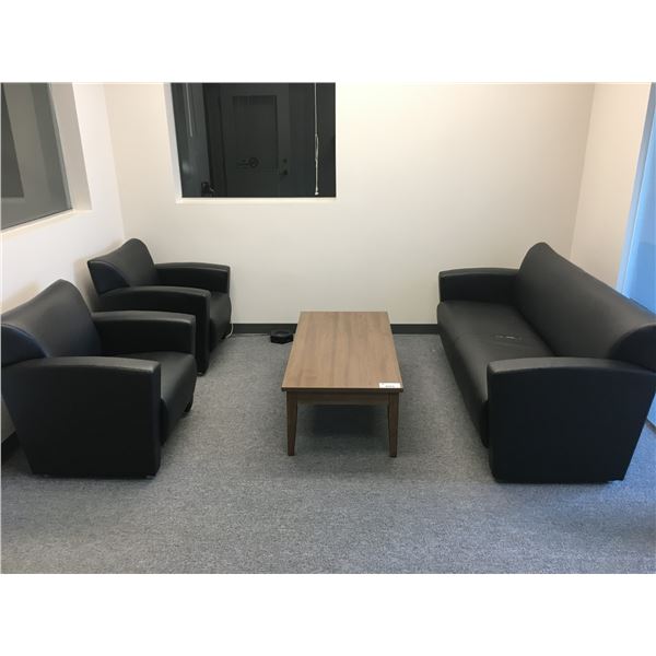 3PC BLACK LEATHERETTE SOFA & 2 CHAIRS WITH COFFEE TABLE (MINOR WEAR ON SOFA/CHAIRS LOOK GOOD)