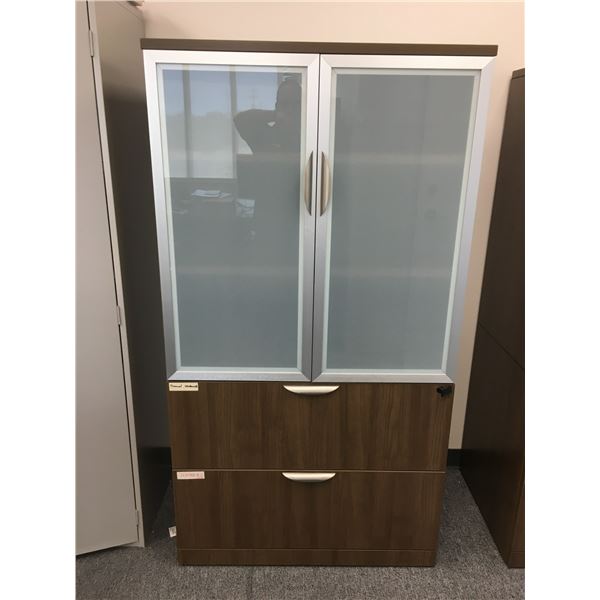CONTEMPORARY MOCHA FINISH GLASS FRONT OFFICE CABINET (APPROX. 65"H X 35"W X 22"D)