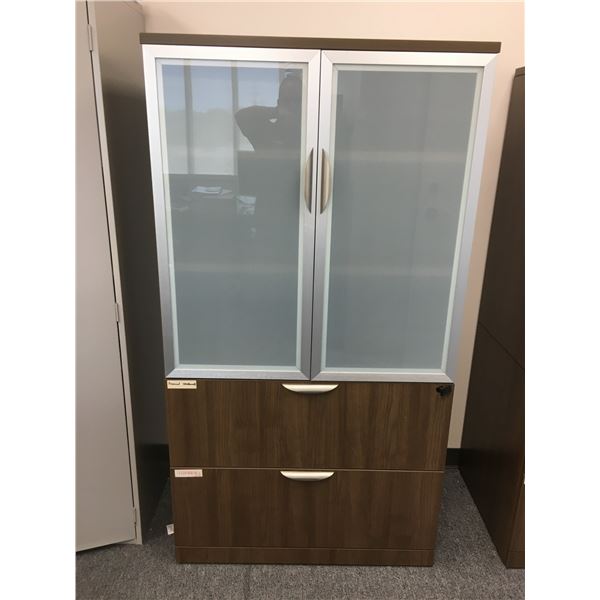 CONTEMPORARY MOCHA FINISH GLASS FRONT OFFICE CABINET (APPROX. 65"H X 35"W X 22"D)