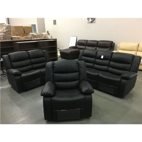 NEW BLACK LEATHER 3PC. SOFA, LOVESEAT & CHAIR SET