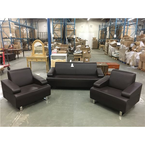 NEW BROWN LEATHER 3PCS. CONTEMPORARY SOFA SET-SOFA WITH 2 CHAIRS