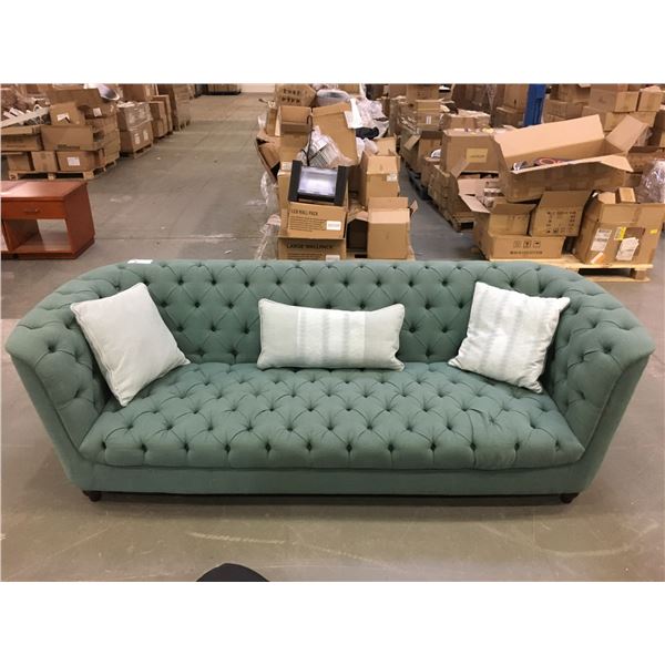 NEW GREEN FABRIC UPHOLSTERED ELEGANT SOFA WITH 3 THROW CUSHIONS