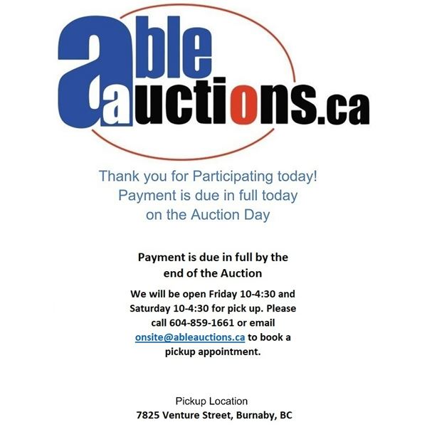 All items must be removed by Friday 10-4:30 and Saturday 10-4:30, by appointment only