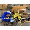 Image 1 : PALLET OF ASSORTED MISC. ITEMS: HEAVY TIE DOWN STRAPPING, GARDEN HOSE, STEEL POST, WOODEN