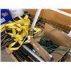 Image 3 : PALLET OF ASSORTED MISC. ITEMS: HEAVY TIE DOWN STRAPPING, GARDEN HOSE, STEEL POST, WOODEN