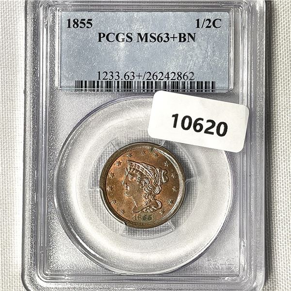 1855 Braided Hair Half Cent PCGS-MS63+ BN