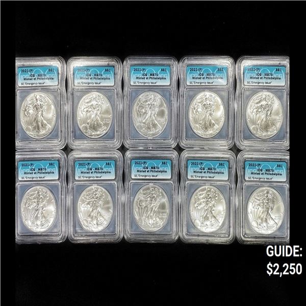 (10) 2021 American Silver Eagles ICG - MS70