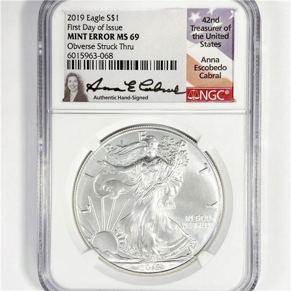 2019 Silver Eagle NGC-MS69 M.E. Obv Struck Thru