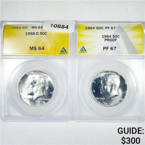 1964-1968 Set (2) Kennedy Half Dollar ANACS-PF,