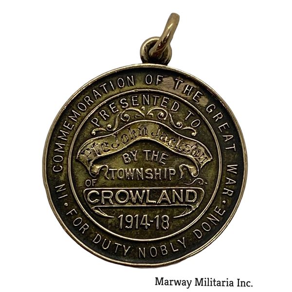 WW1 Crowland Township Ontario Welcome Home Medal - In Gold