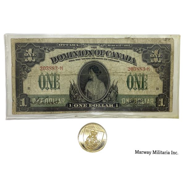 PPCLI Related. Dominion of Canada One Dollar Bill with Princess Patricia and Challenge Coin