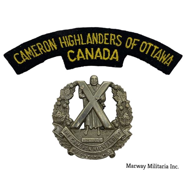 WW2 era Cameron Highlanders of Ottawa (MG) Cap Badge & Shoulder Flash Lot