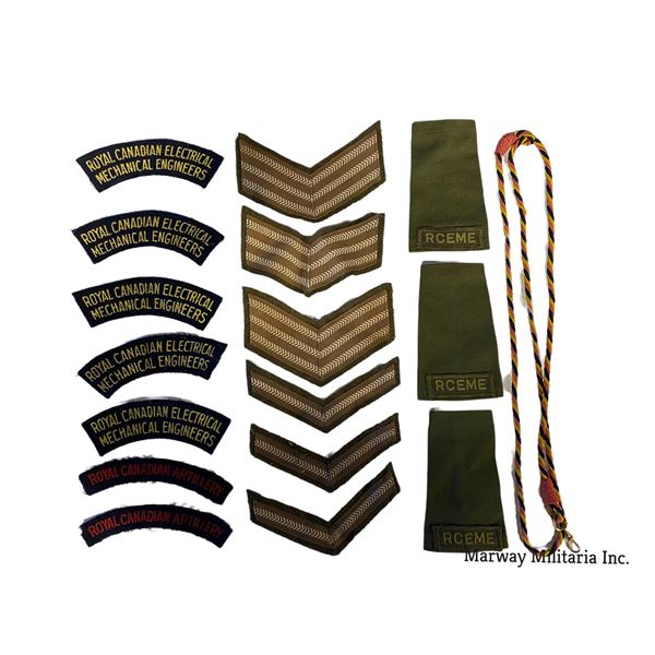 RCEME, Royal Canadian Artillery Insignia Lot. Includes shoulder flashes, lanyard & brassard.