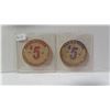 Image 1 : Lot of 2 Saskatoon large Woods. Both worth $5 in Trade from the Saskatoon Coin & Stam- Centre.
