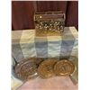 3 vintage brass decorative plates, and magazine holder.