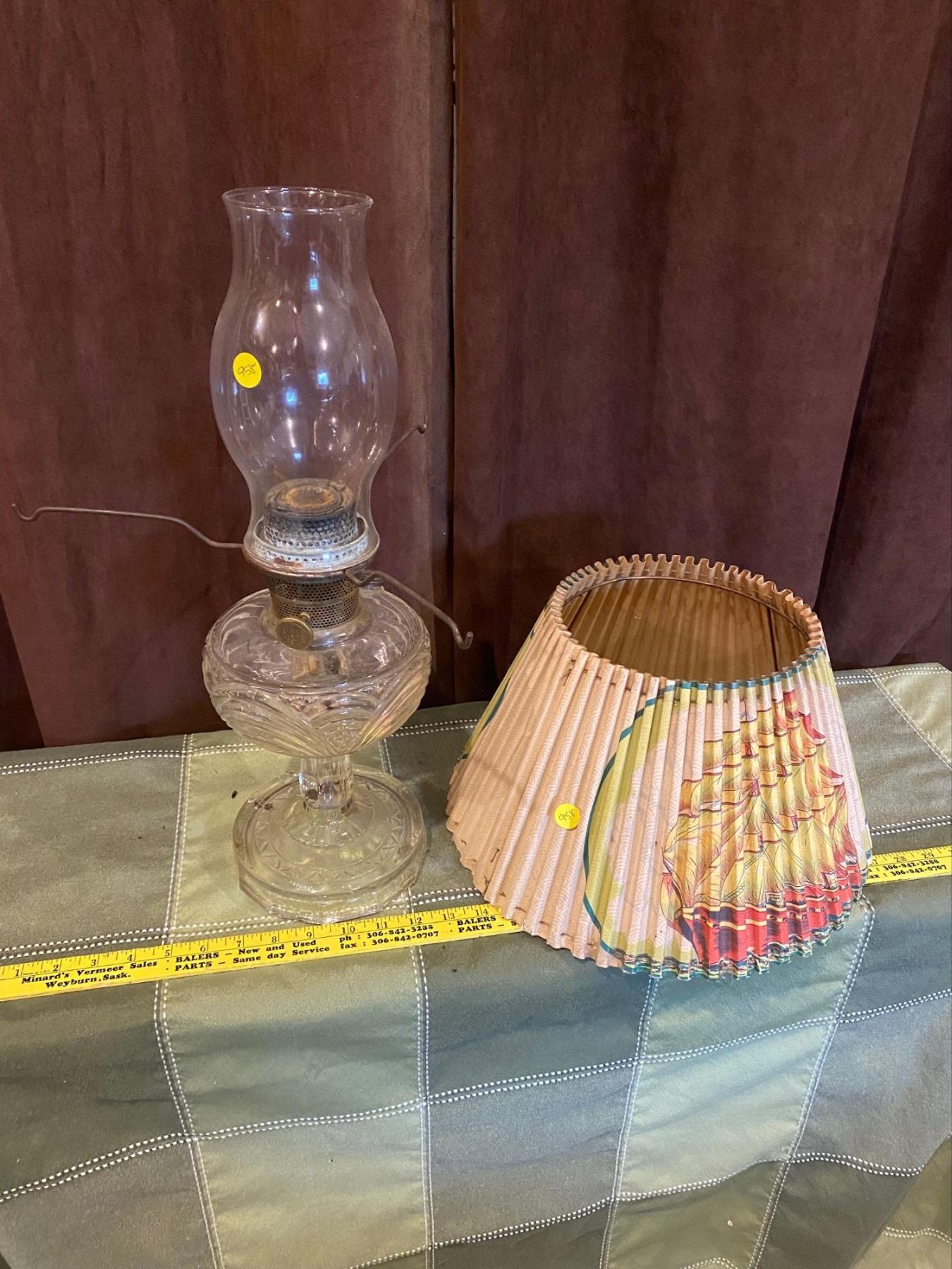 Vintage Aladdin, glass, oil lamp, with paper shade.