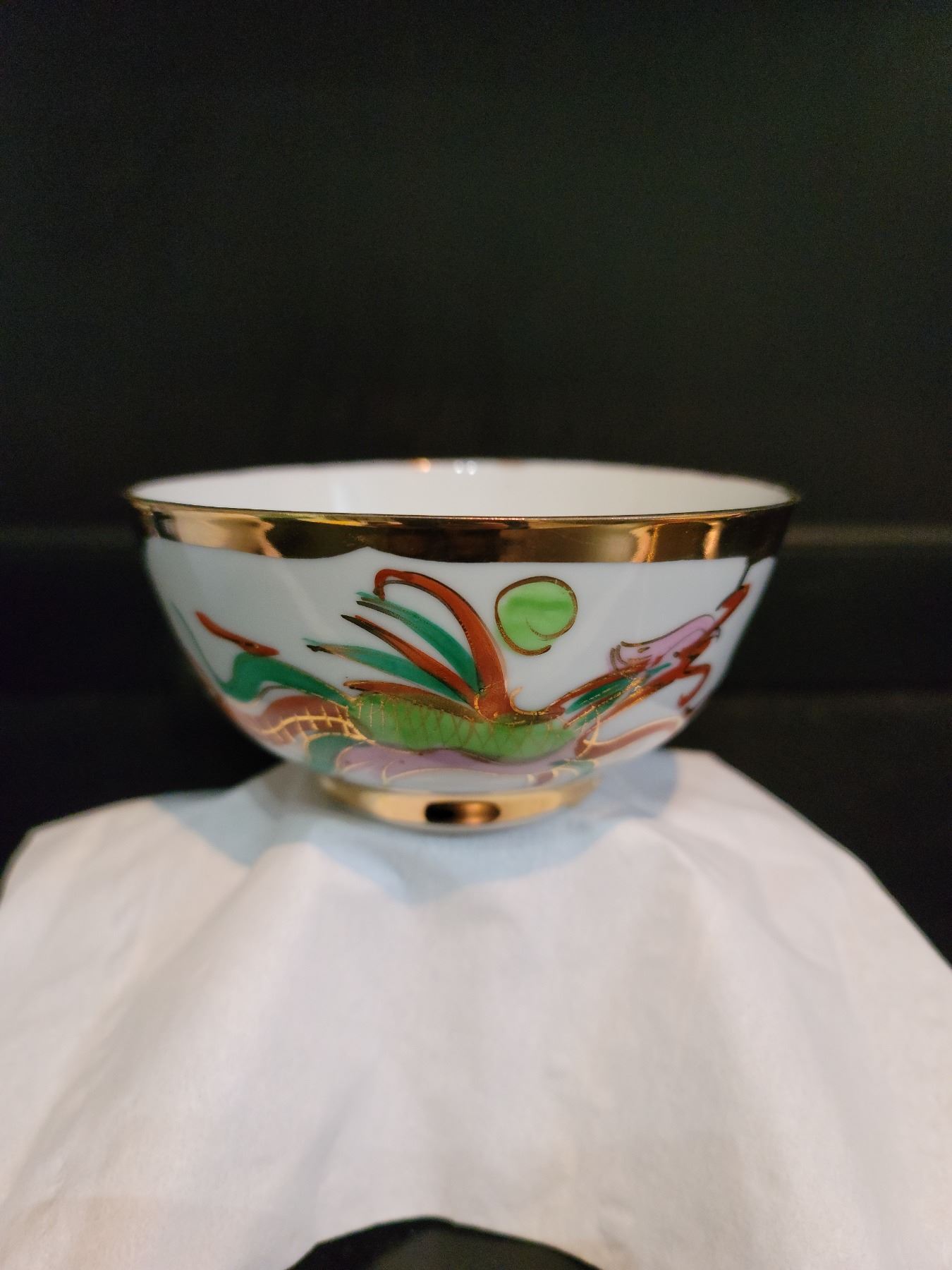 Vintage Chinese Hand Painted Dragon Rice Bowl w/brass laddle Schmalz