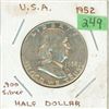 Image 1 : U.S. 1952 Franklin half dollar .900 silver