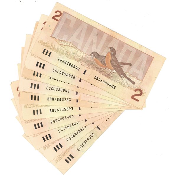 Set Of 10 1986 Assorted 2 Dollar Canadian Bill set-of-10-1986-assorted-2-dollar-canadian-bill