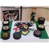 Image 1 : PA raiders lot. Old pucks, flag, bobble head & North Star cards of former Raider Mike Modano.