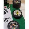 Image 5 : PA raiders lot. Old pucks, flag, bobble head & North Star cards of former Raider Mike Modano.
