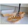 Image 1 : Vintage fire king peach lustre shell dish, laurel leaf creamer & loaf dish.
